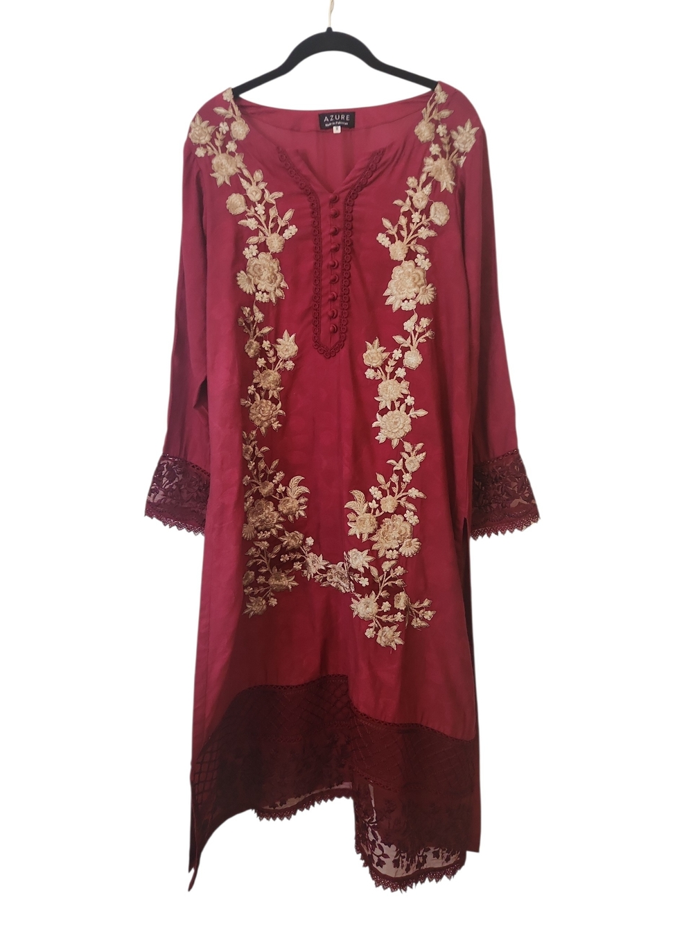 Azure Burgandy/Maroon Long Tunic/Kaftan Gold Embroidery And Lace Detail Size M
